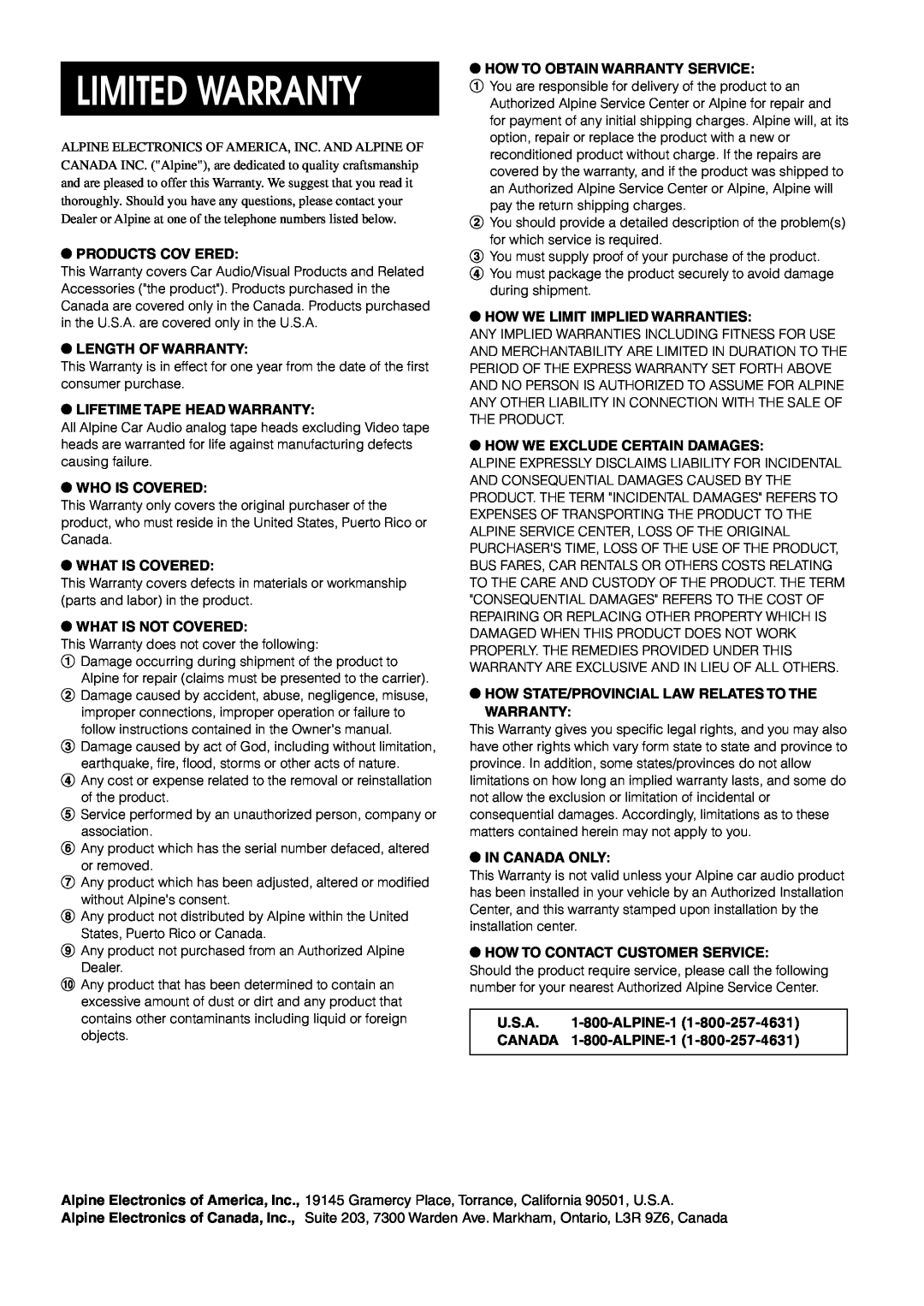 Alpine IVA-D900 owner manual Limited Warranty 