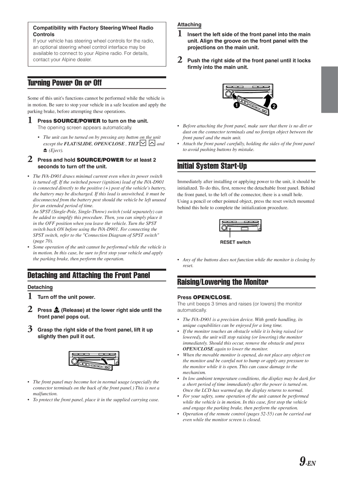 Alpine IVA-D901 owner manual Turning Power On or Off, Detaching and Attaching the Front Panel, Initial System Start-Up 