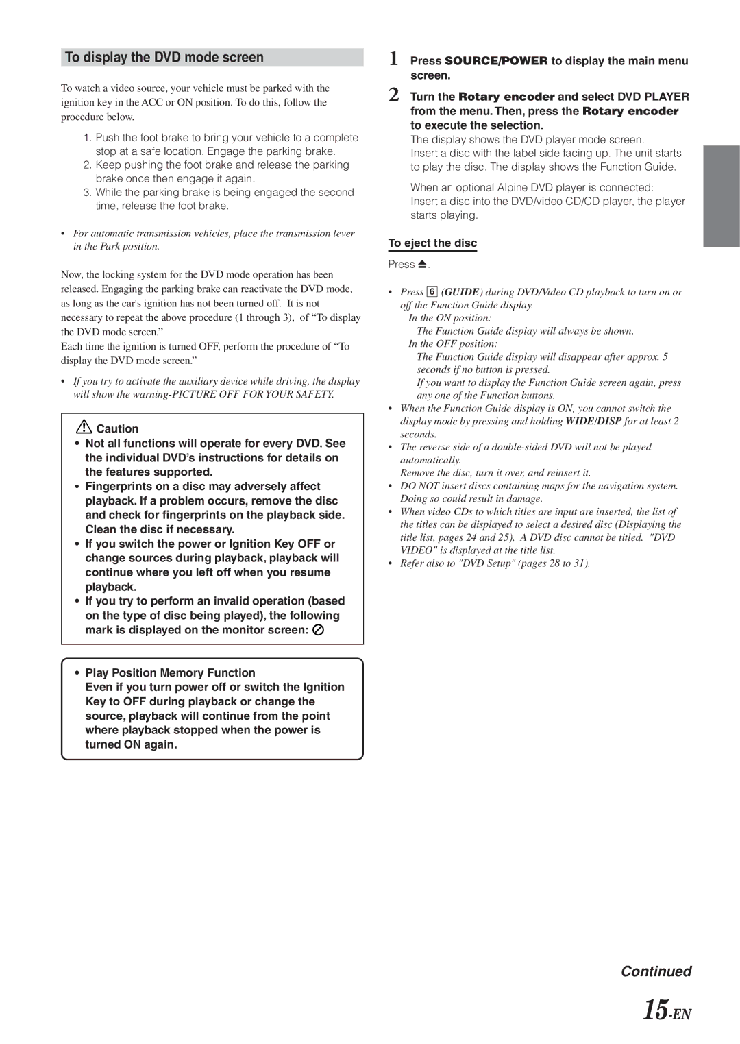 Alpine IVA-D901 owner manual To display the DVD mode screen, 15-EN, Display shows the DVD player mode screen, Press c 