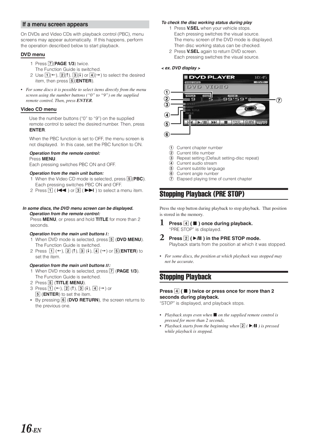 Alpine IVA-D901 owner manual Stopping Playback PRE Stop, If a menu screen appears, 16-EN 