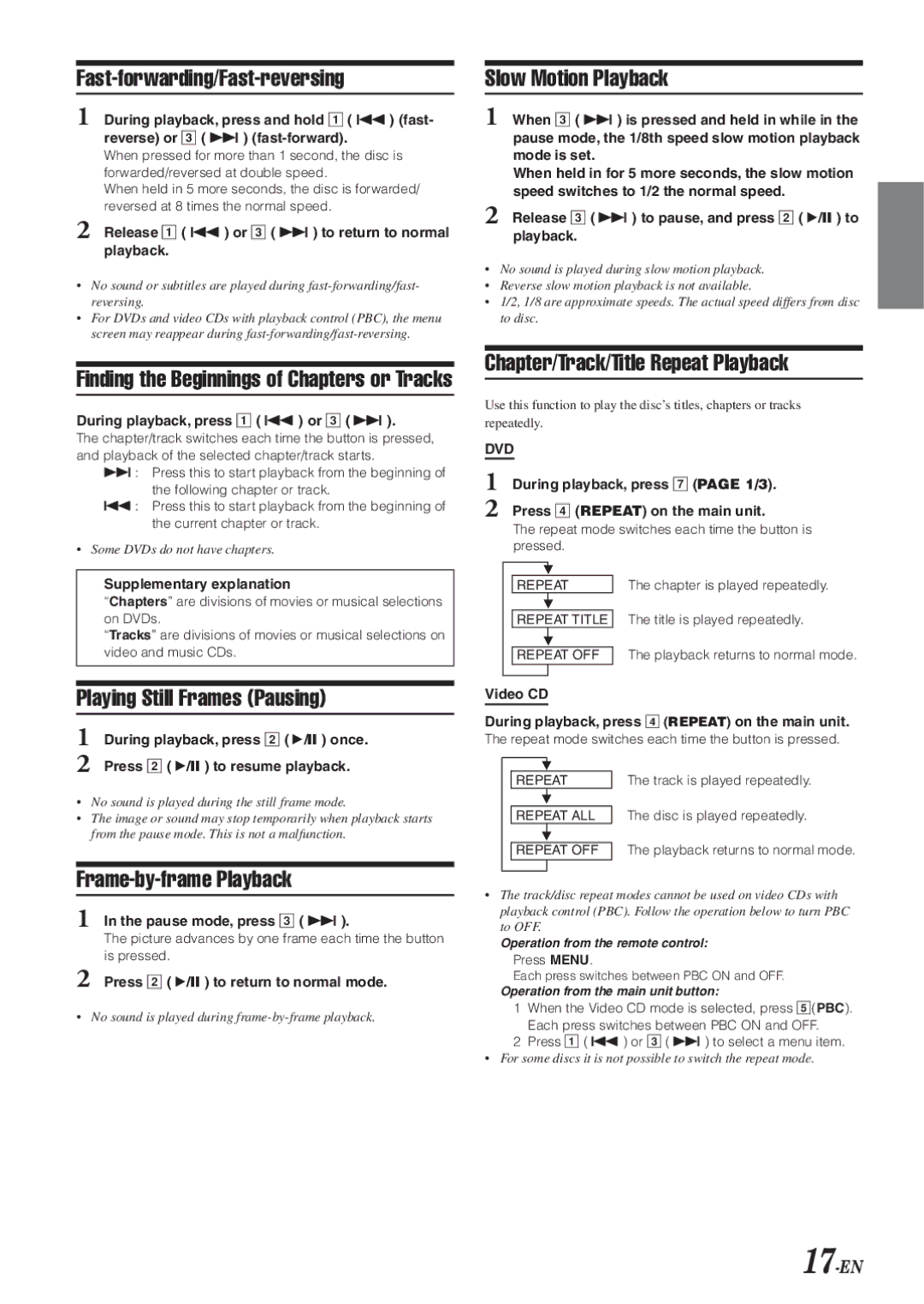 Alpine IVA-D901 owner manual Fast-forwarding/Fast-reversing, Slow Motion Playback, Chapter/Track/Title Repeat Playback 