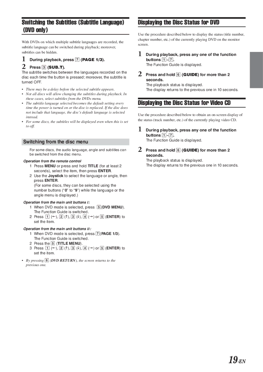 Alpine IVA-D901 owner manual Switching the Subtitles Subtitle Language DVD only, Displaying the Disc Status for DVD, 19-EN 