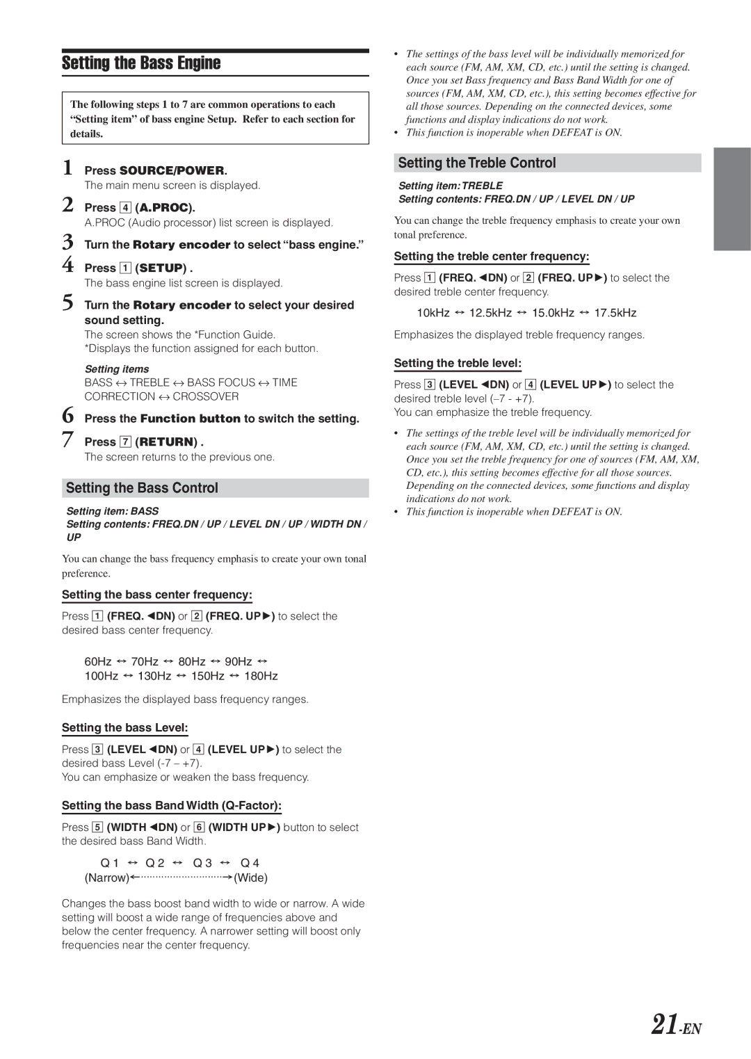 Alpine IVA-D901 owner manual Setting the Bass Engine, Setting the Bass Control, Setting the Treble Control, 21-EN 