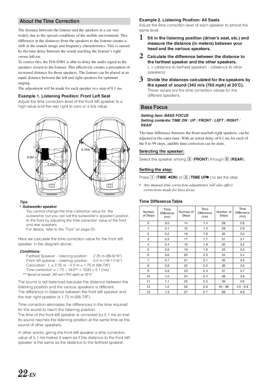 Alpine IVA-D901 owner manual About the Time Correction, Bass Focus, 22-EN 