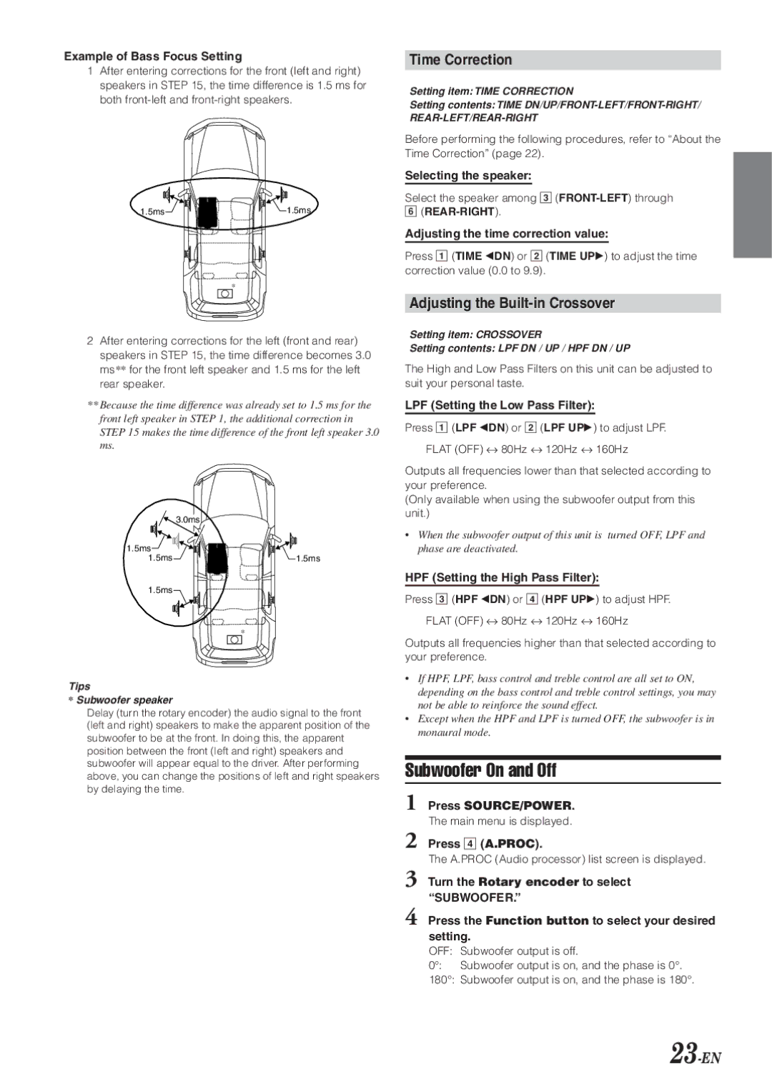 Alpine IVA-D901 owner manual Subwoofer On and Off, Time Correction, Adjusting the Built-in Crossover, 23-EN 