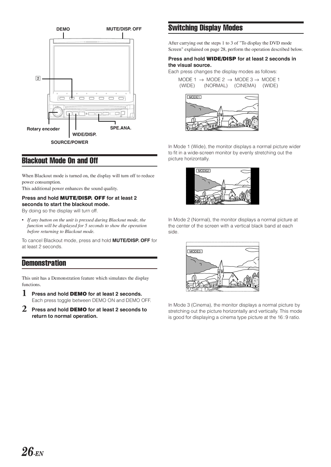 Alpine IVA-D901 owner manual Blackout Mode On and Off, Demonstration, Switching Display Modes, 26-EN 