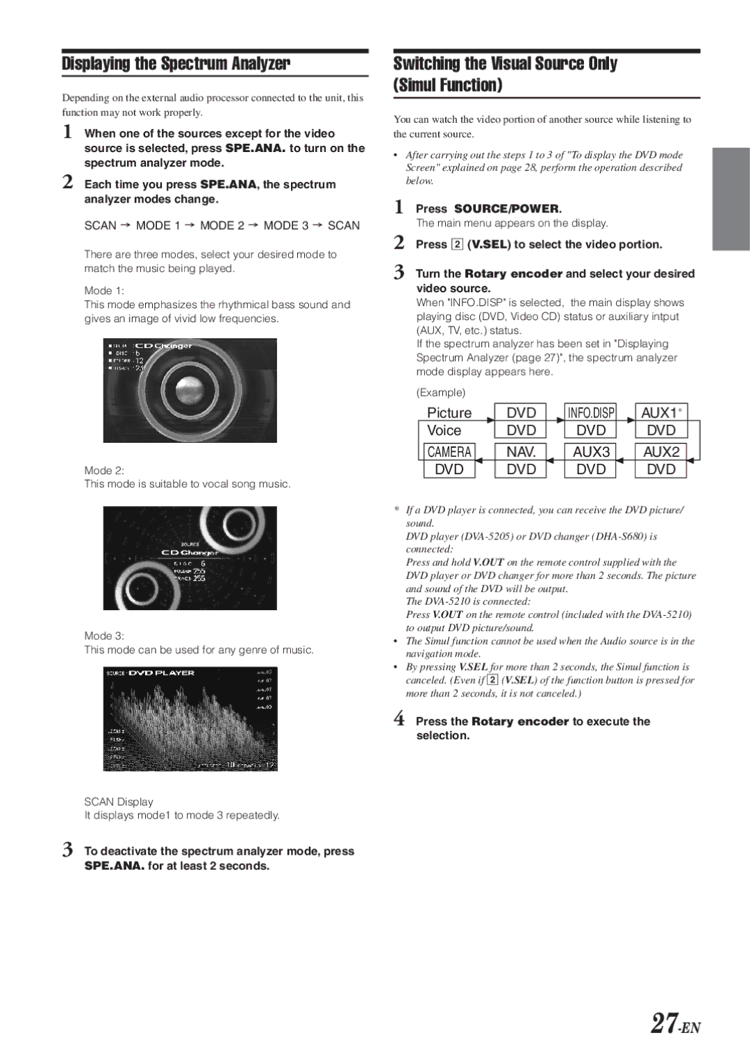 Alpine IVA-D901 owner manual Displaying the Spectrum Analyzer, Switching the Visual Source Only Simul Function, 27-EN 