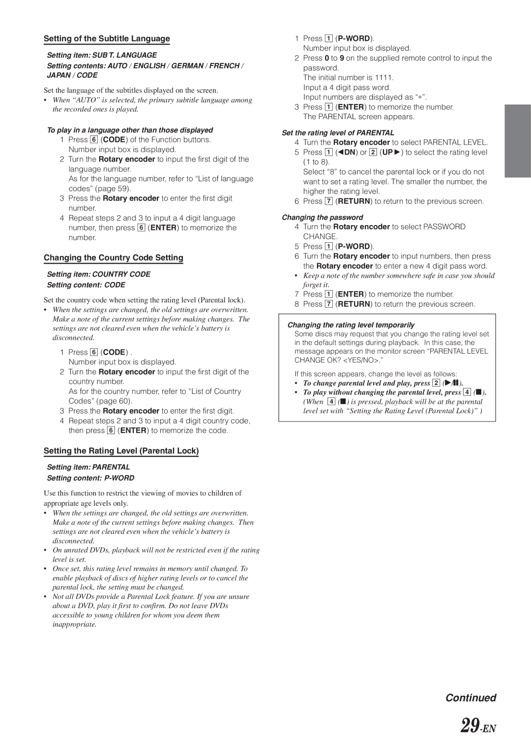 Alpine IVA-D901 owner manual 29-EN, Setting of the Subtitle Language, Changing the Country Code Setting 