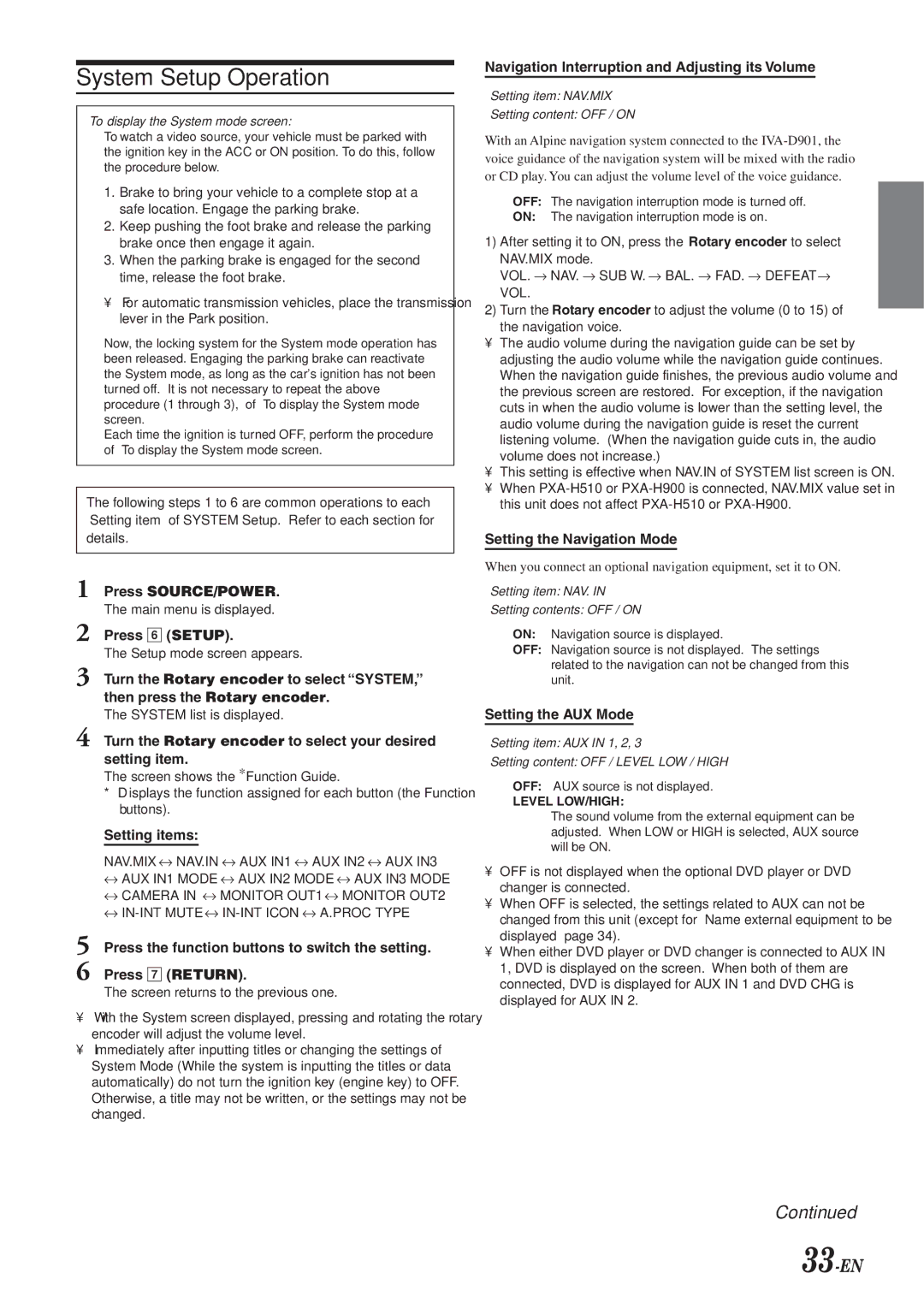 Alpine IVA-D901 owner manual System Setup Operation, 33-EN 