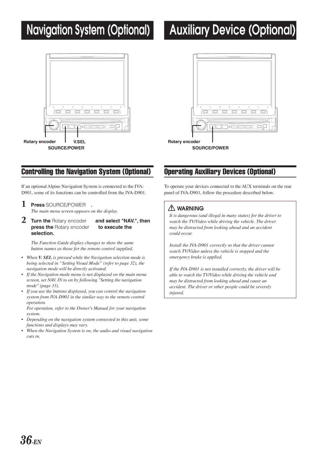 Alpine IVA-D901 owner manual Operating Auxiliary Devices Optional, 36-EN, Main menu screen appears on the display 