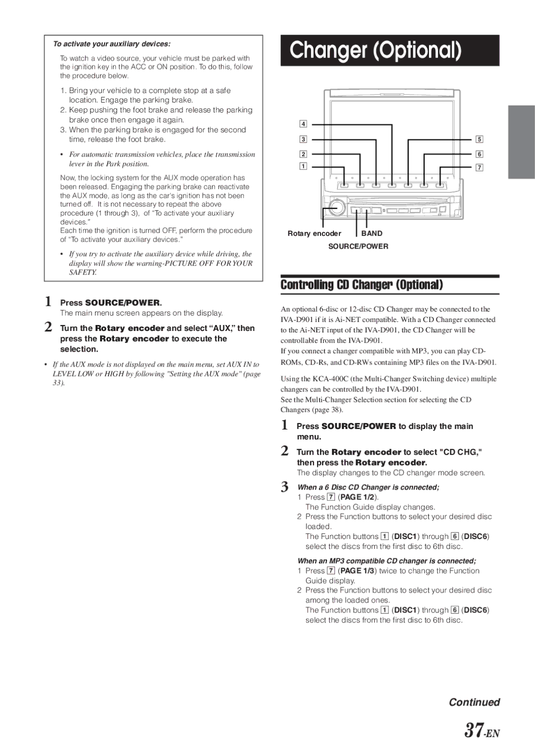 Alpine IVA-D901 owner manual Controlling CD Changer Optional, 37-EN, Display changes to the CD changer mode screen 