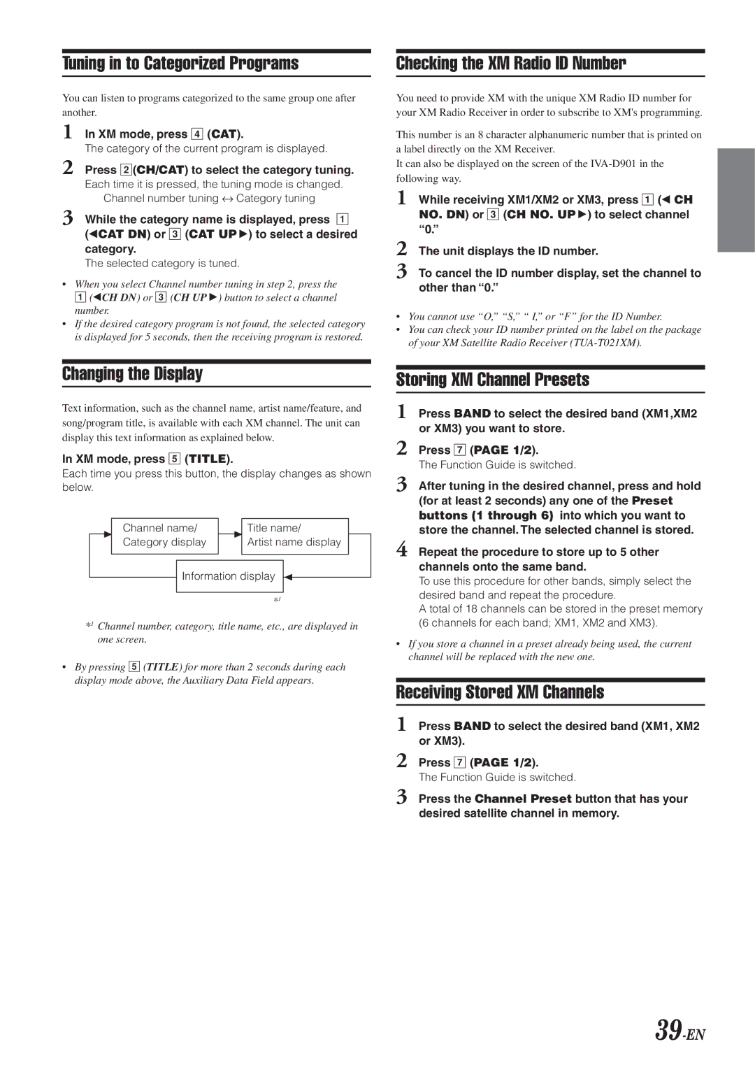 Alpine IVA-D901 owner manual Tuning in to Categorized Programs, Checking the XM Radio ID Number, Changing the Display 