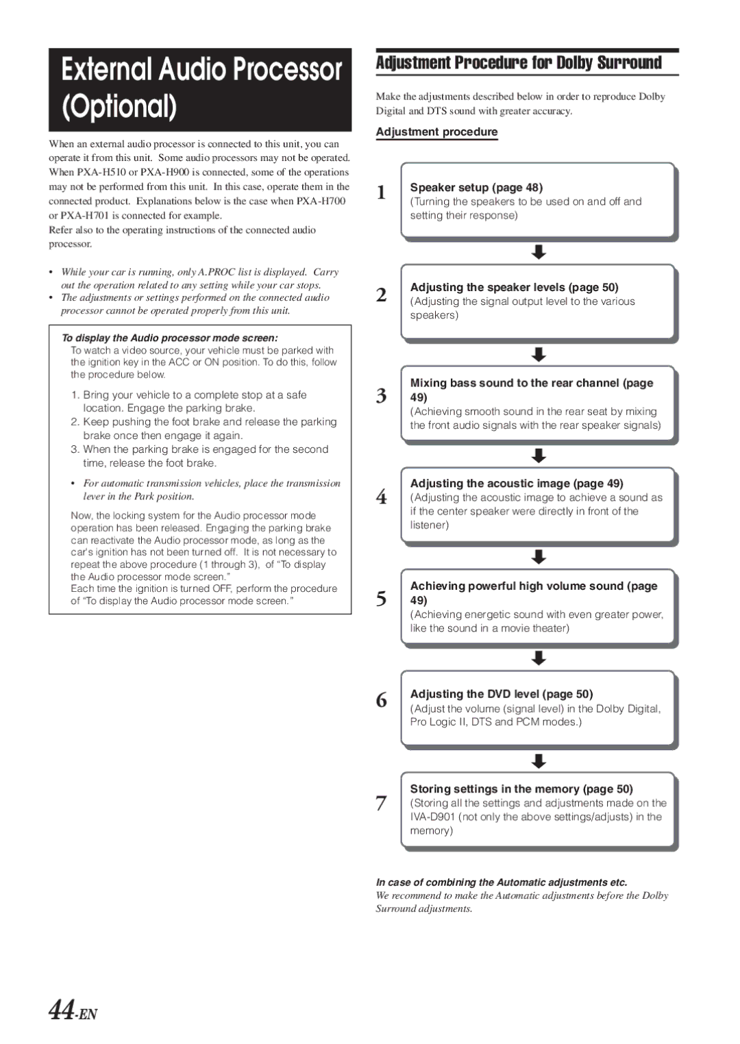 Alpine IVA-D901 owner manual Adjustment Procedure for Dolby Surround, 44-EN 