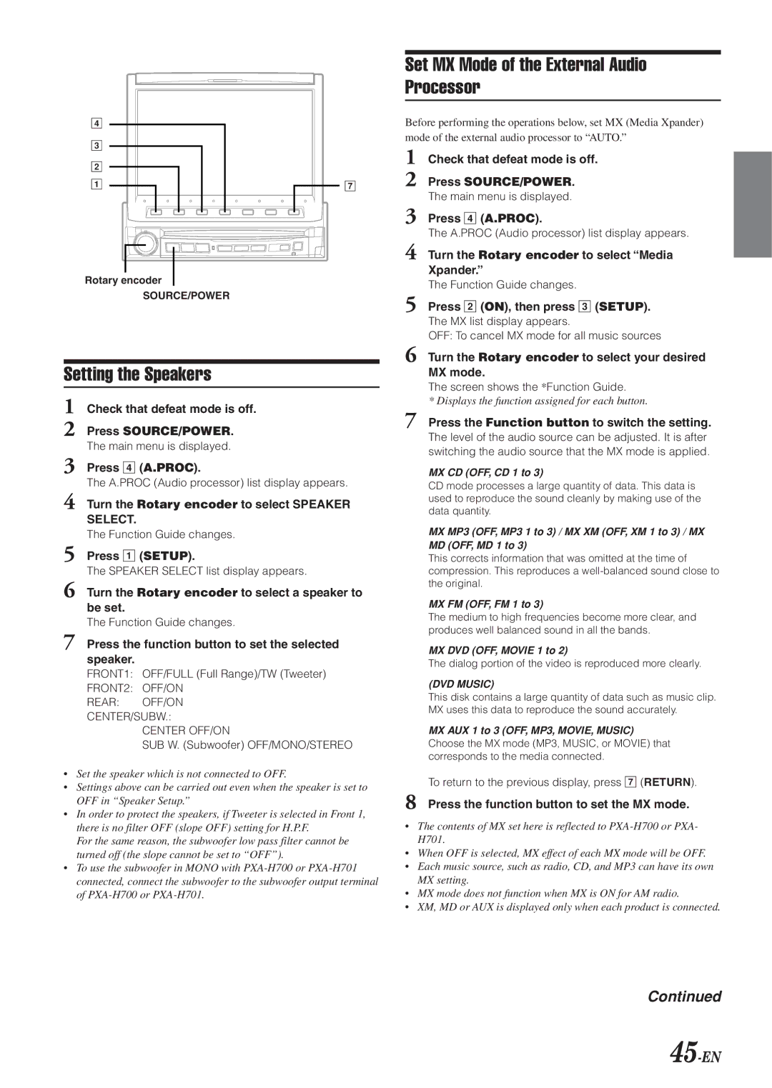 Alpine IVA-D901 owner manual Setting the Speakers, Set MX Mode of the External Audio Processor, 45-EN 