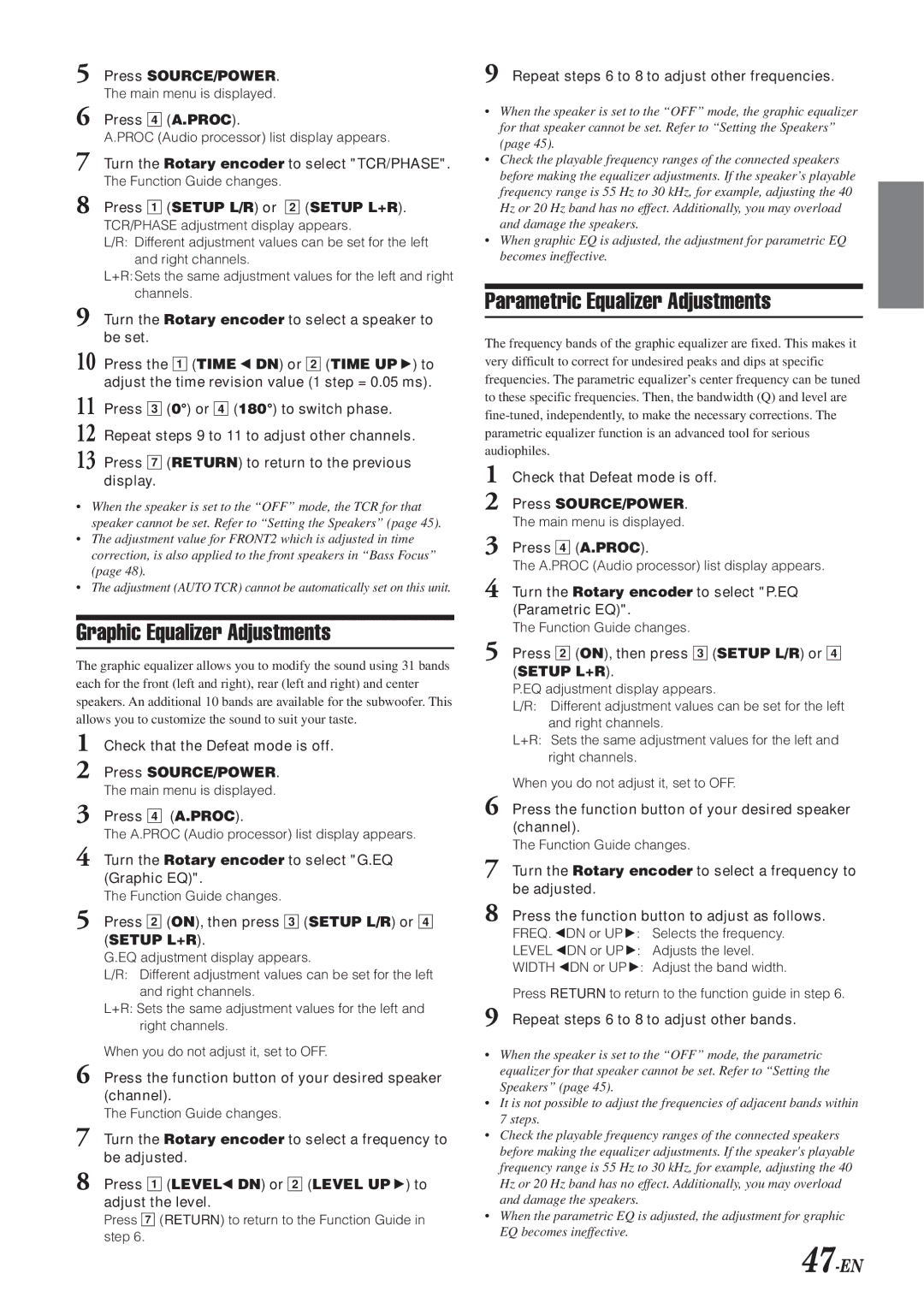 Alpine IVA-D901 owner manual Graphic Equalizer Adjustments, Parametric Equalizer Adjustments, 47-EN 