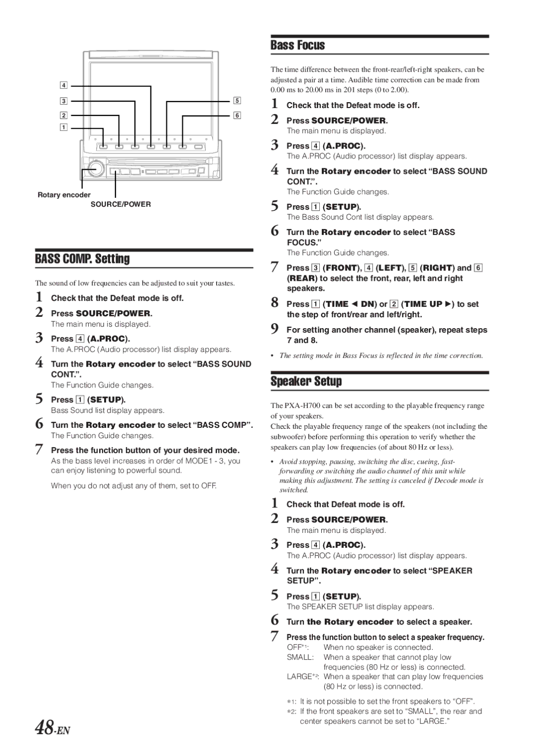 Alpine IVA-D901 owner manual Bass COMP. Setting, Bass Focus, Speaker Setup, 48-EN 