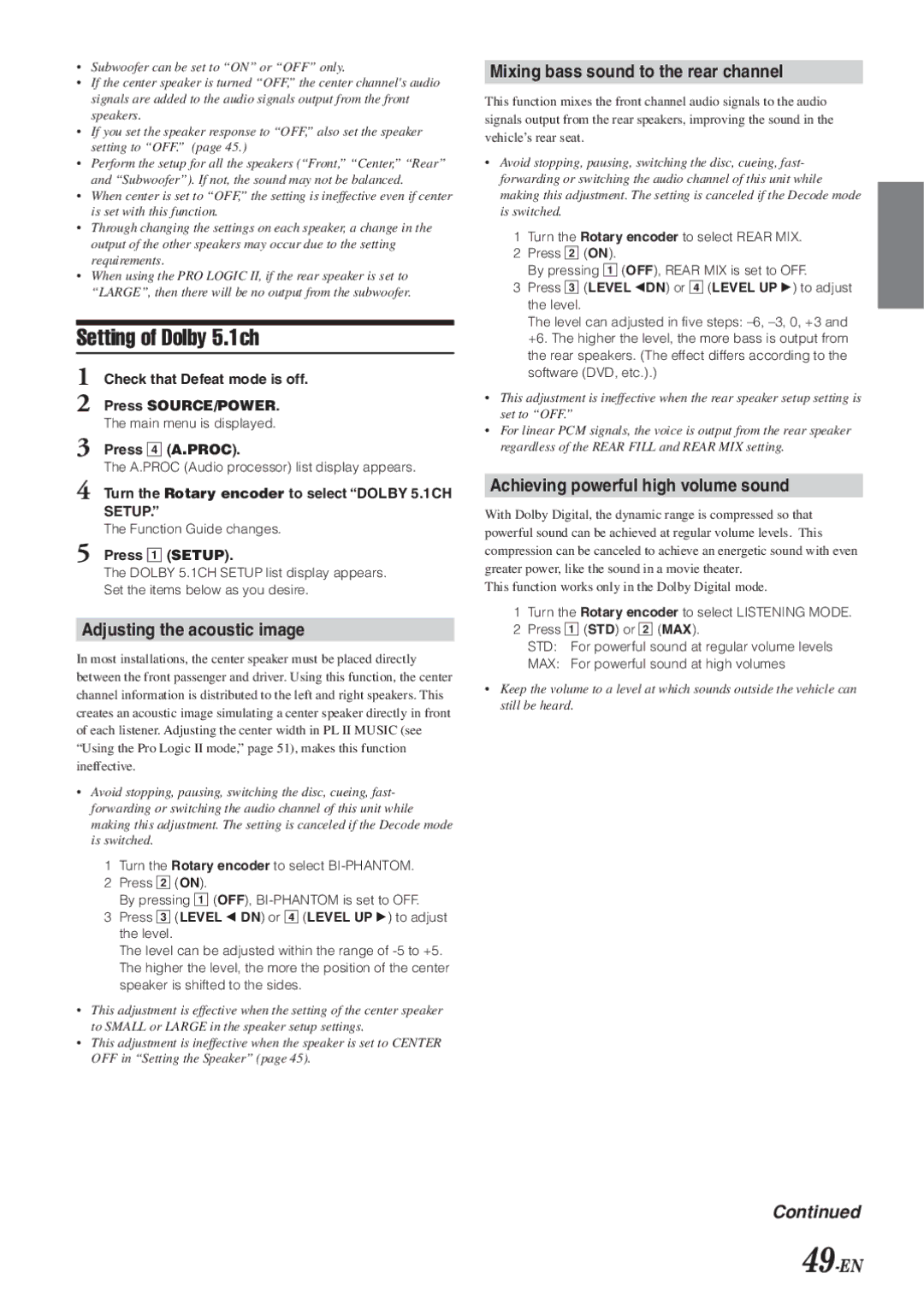 Alpine IVA-D901 Setting of Dolby 5.1ch, Adjusting the acoustic image, Mixing bass sound to the rear channel, 49-EN 