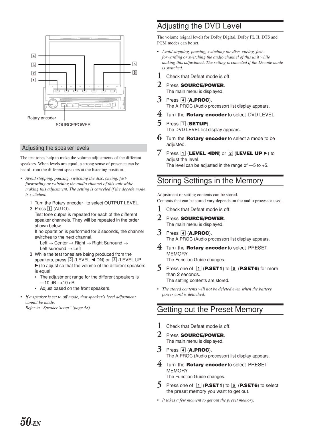 Alpine IVA-D901 owner manual Adjusting the DVD Level, Storing Settings in the Memory, Getting out the Preset Memory, 50-EN 