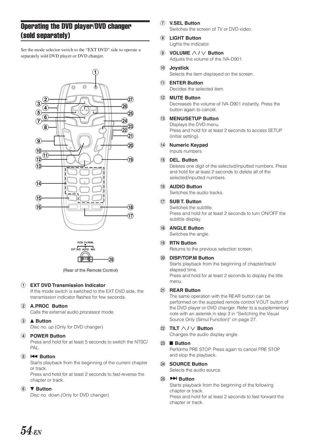 Alpine IVA-D901 owner manual Operating the DVD player/DVD changer sold separately, 54-EN 