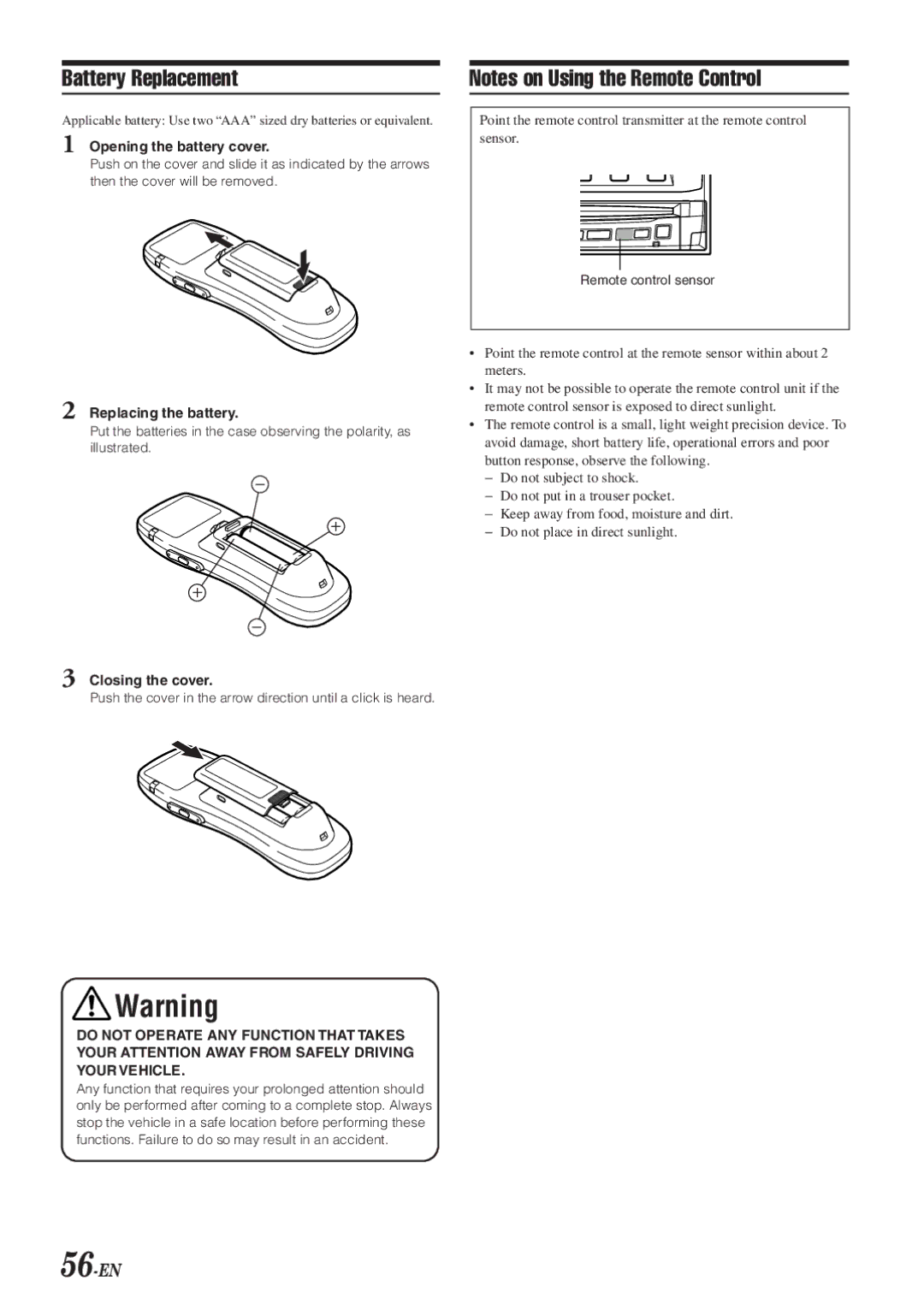 Alpine IVA-D901 Battery Replacement, 56-EN, Opening the battery cover, Replacing the battery, Closing the cover 