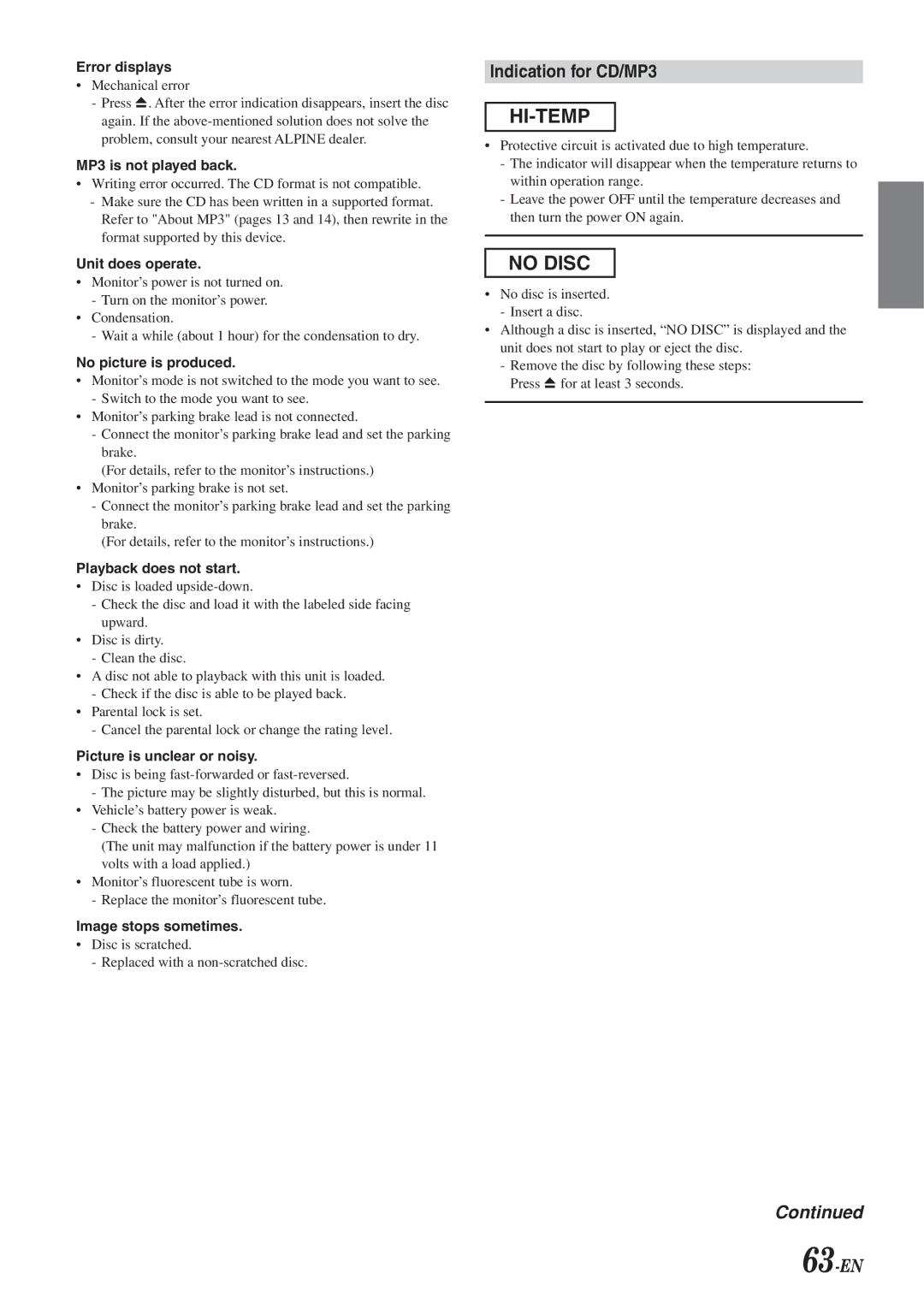 Alpine IVA-D901 owner manual Indication for CD/MP3, 63-EN 