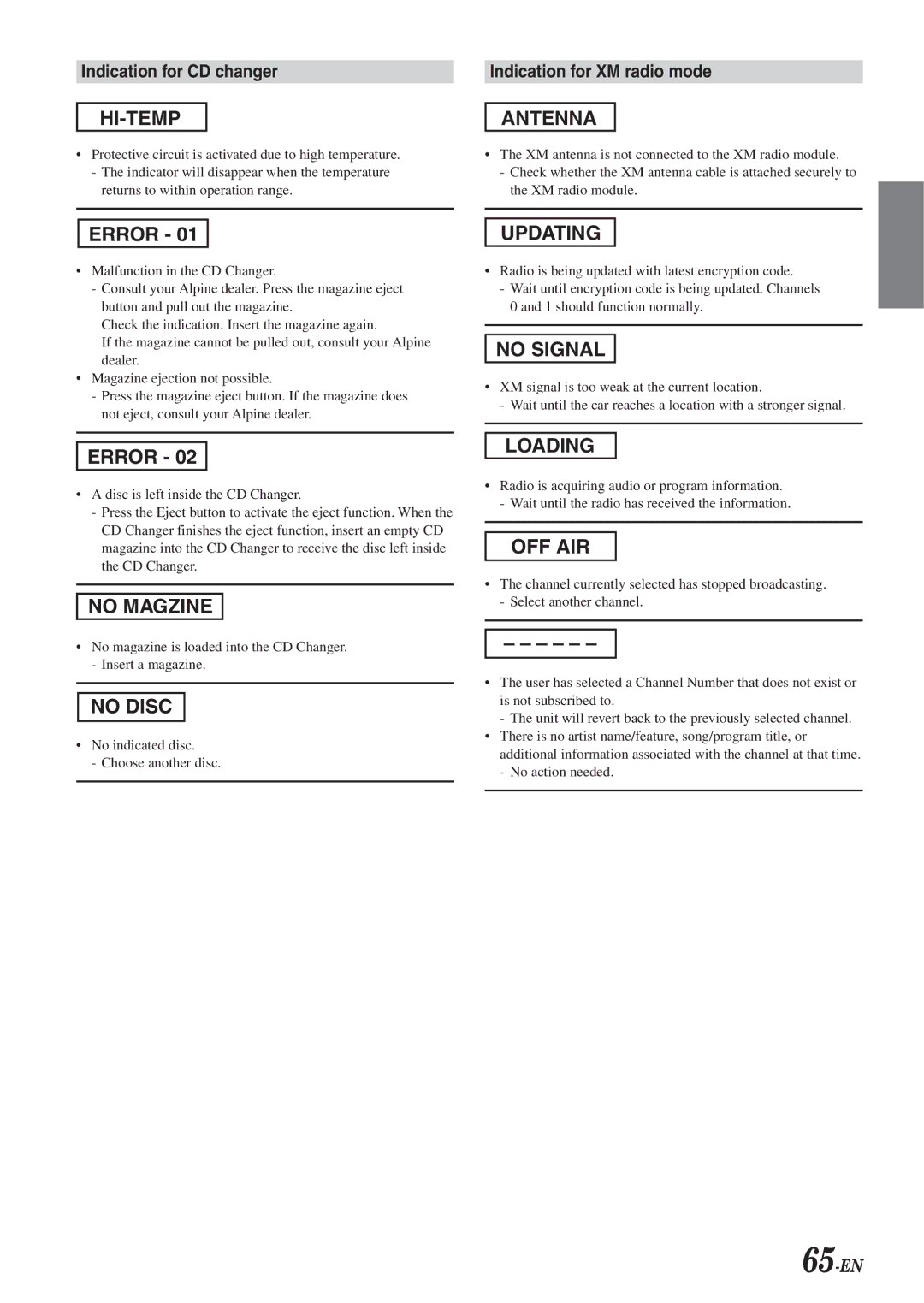 Alpine IVA-D901 owner manual Indication for CD changer, Indication for XM radio mode, 65-EN 