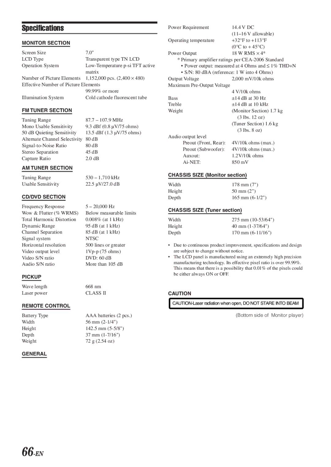 Alpine IVA-D901 owner manual Specifications, 66-EN, Bottom side of Monitor player 