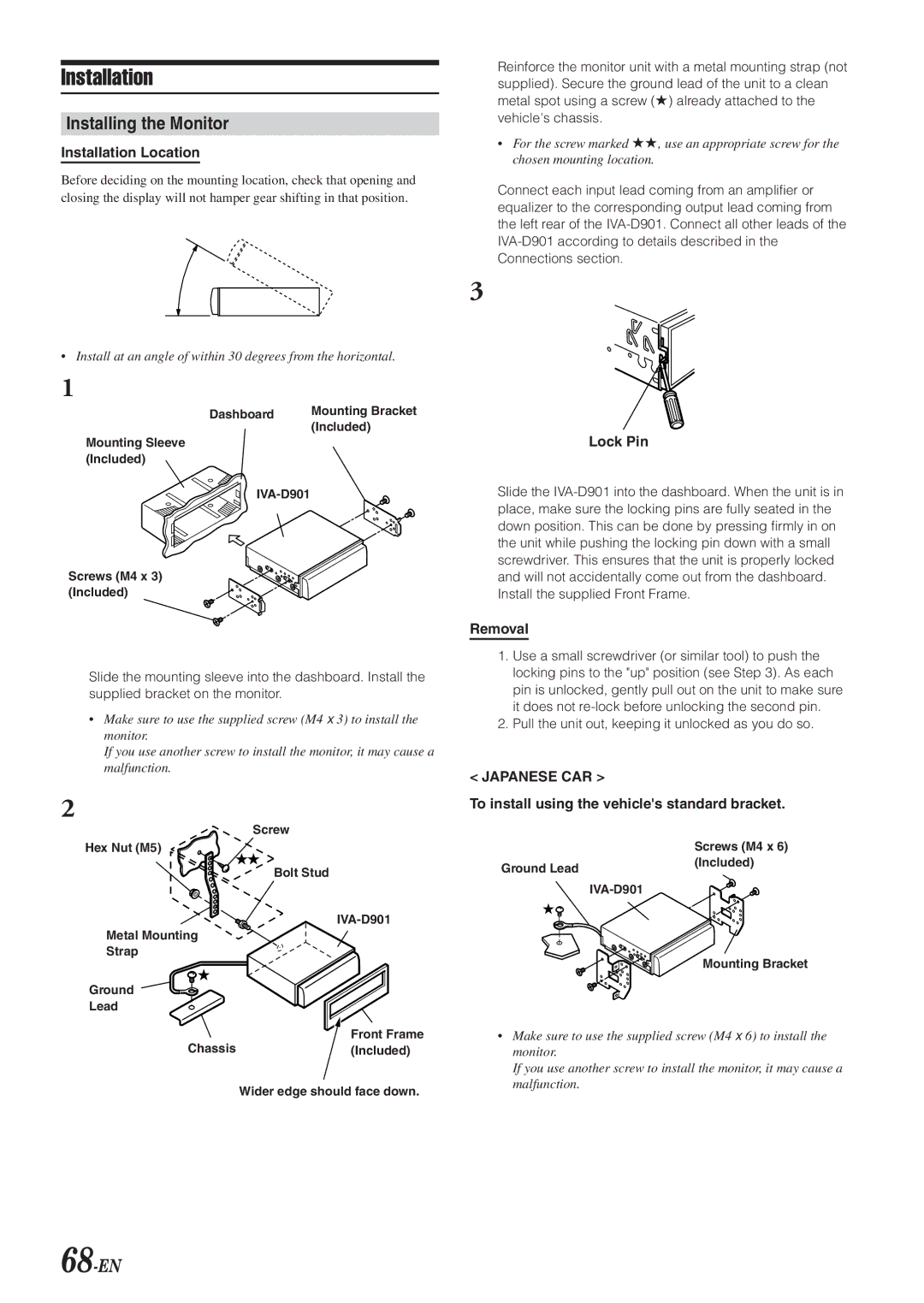 Alpine IVA-D901 owner manual Installation, Installing the Monitor, 68-EN 