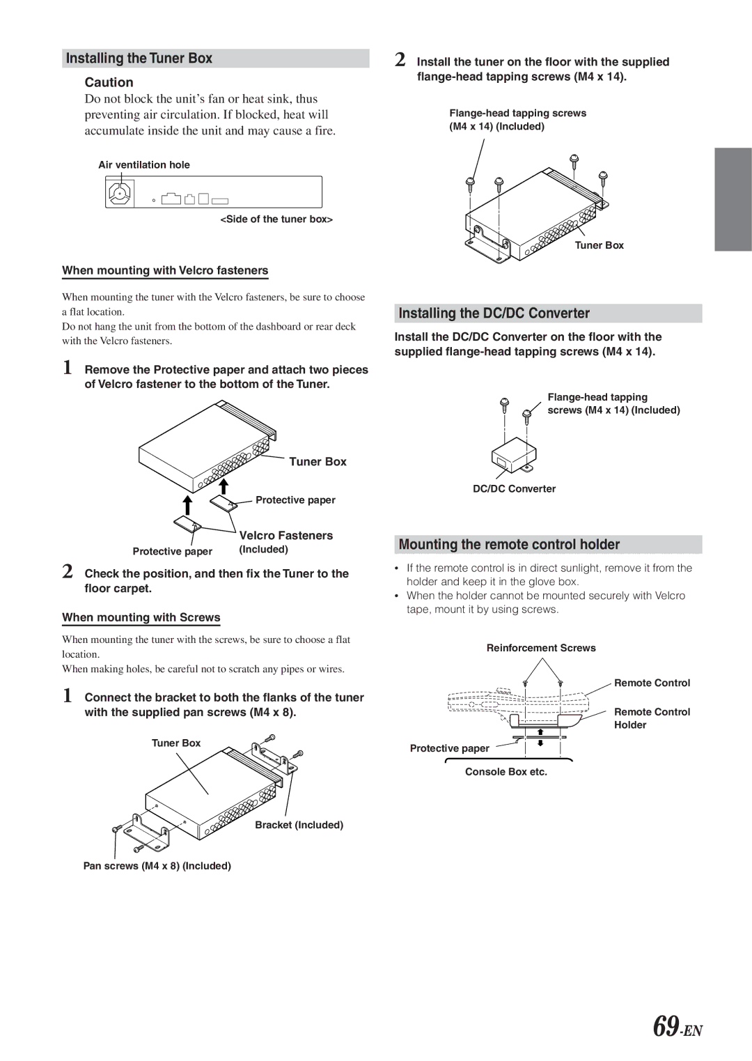 Alpine IVA-D901 Installing the Tuner Box, Installing the DC/DC Converter, Mounting the remote control holder, 69-EN 