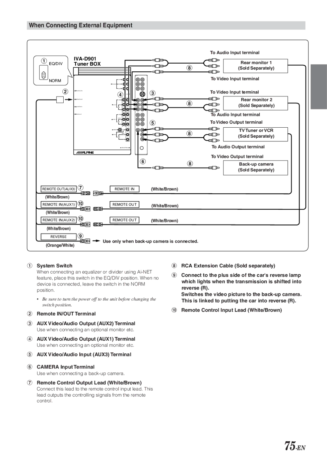 Alpine IVA-D901 When Connecting External Equipment, 75-EN, AUX Video/Audio Input AUX3 Terminal Camera Input Terminal 