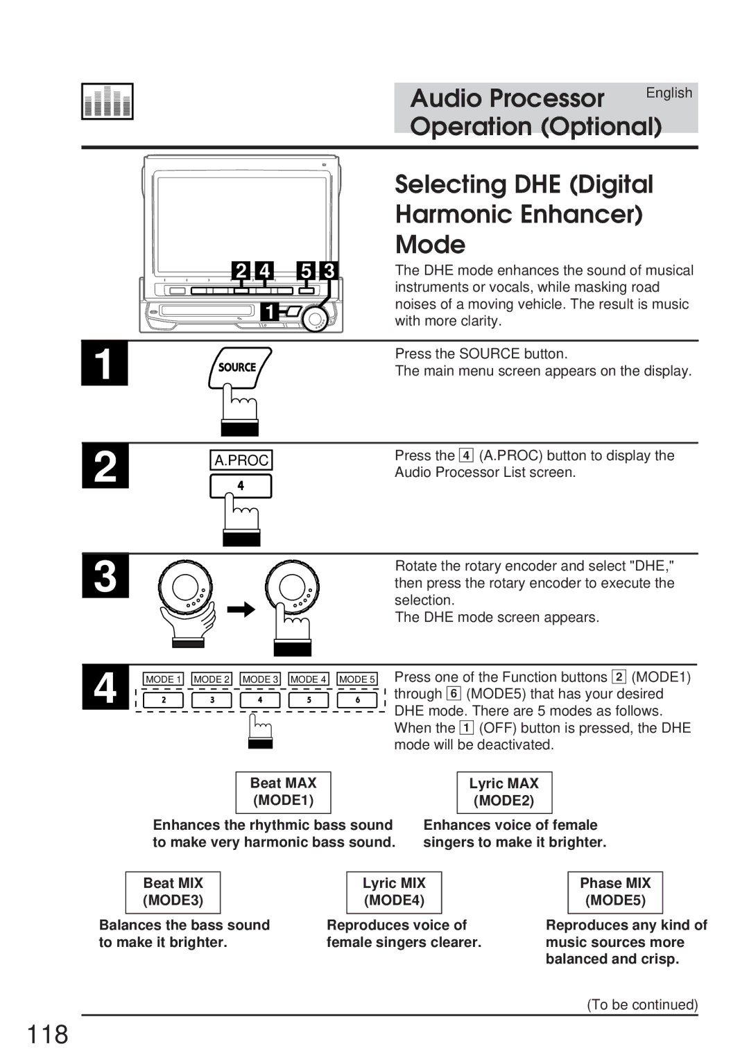 Alpine IVA-M700R, CVA-1005R owner manual 118, Selecting DHE Digital Harmonic Enhancer Mode, Beat MAX MODE1 Lyric MAX 