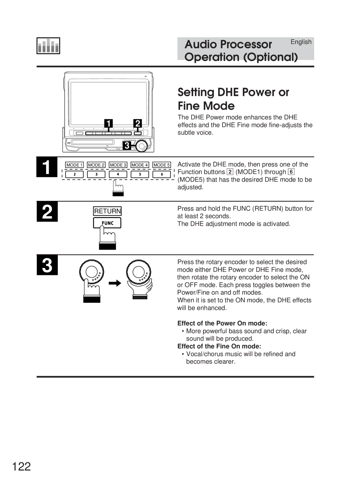 Alpine IVA-M700R, CVA-1005R 122, Setting DHE Power or Fine Mode, Effect of the Power On mode, Effect of the Fine On mode 