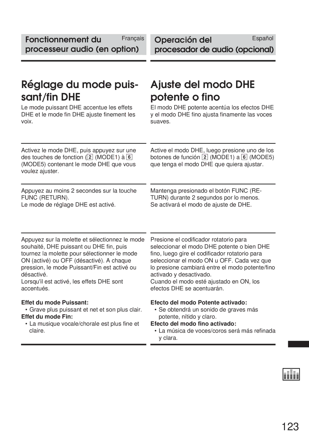 Alpine CVA-1005R, IVA-M700R owner manual 123, Réglage du mode puis- sant/fin DHE, Ajuste del modo DHE potente o fino 