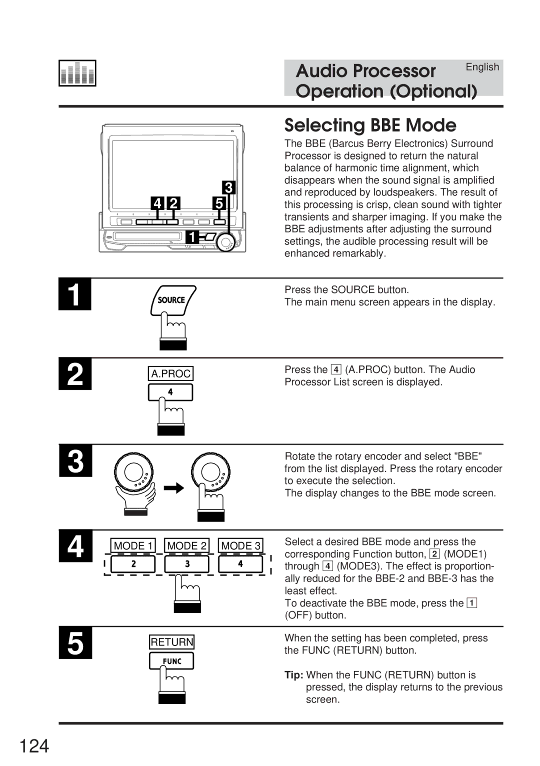 Alpine IVA-M700R, CVA-1005R owner manual 124, Selecting BBE Mode 