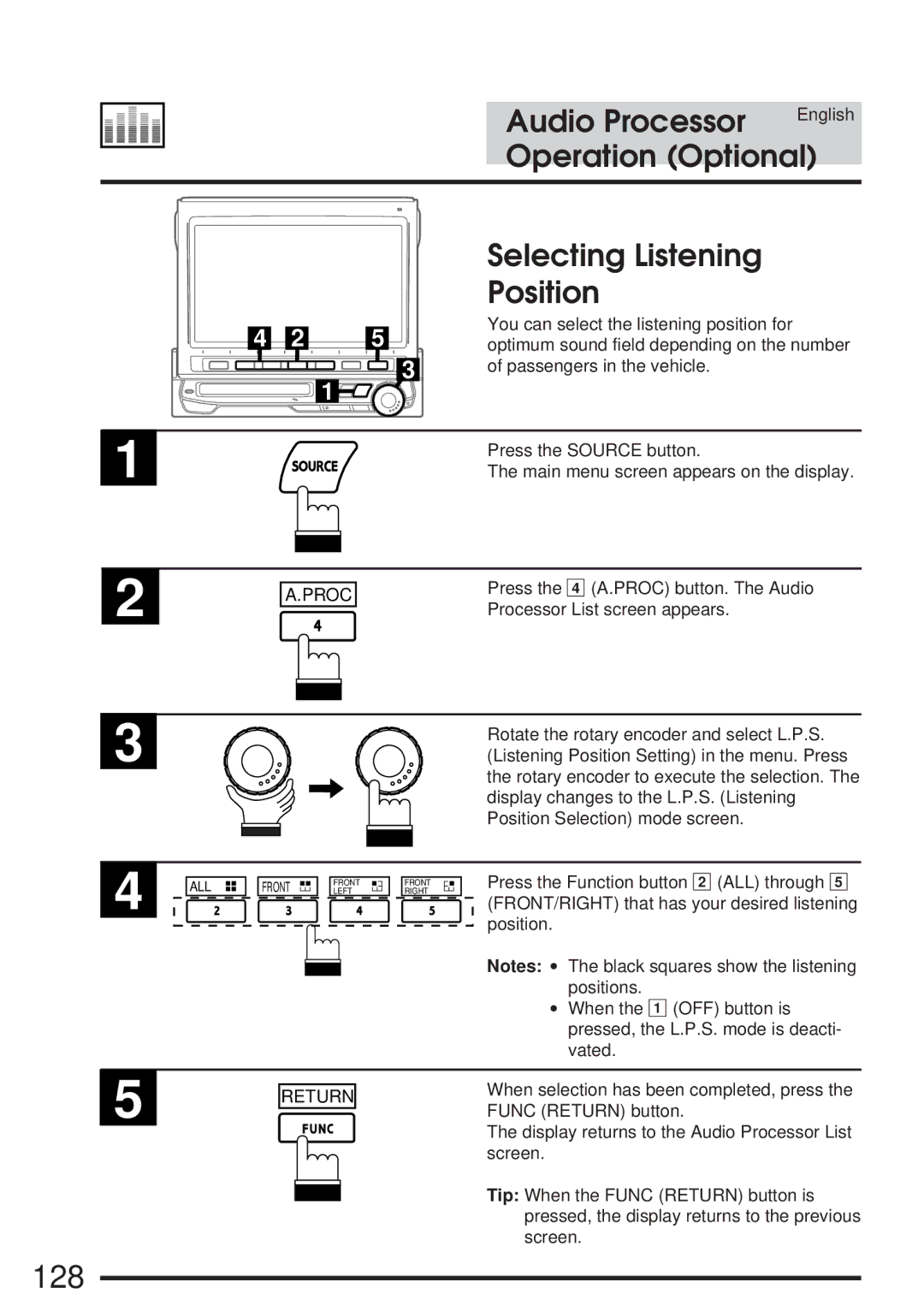 Alpine IVA-M700R, CVA-1005R owner manual 128, Selecting Listening Position 