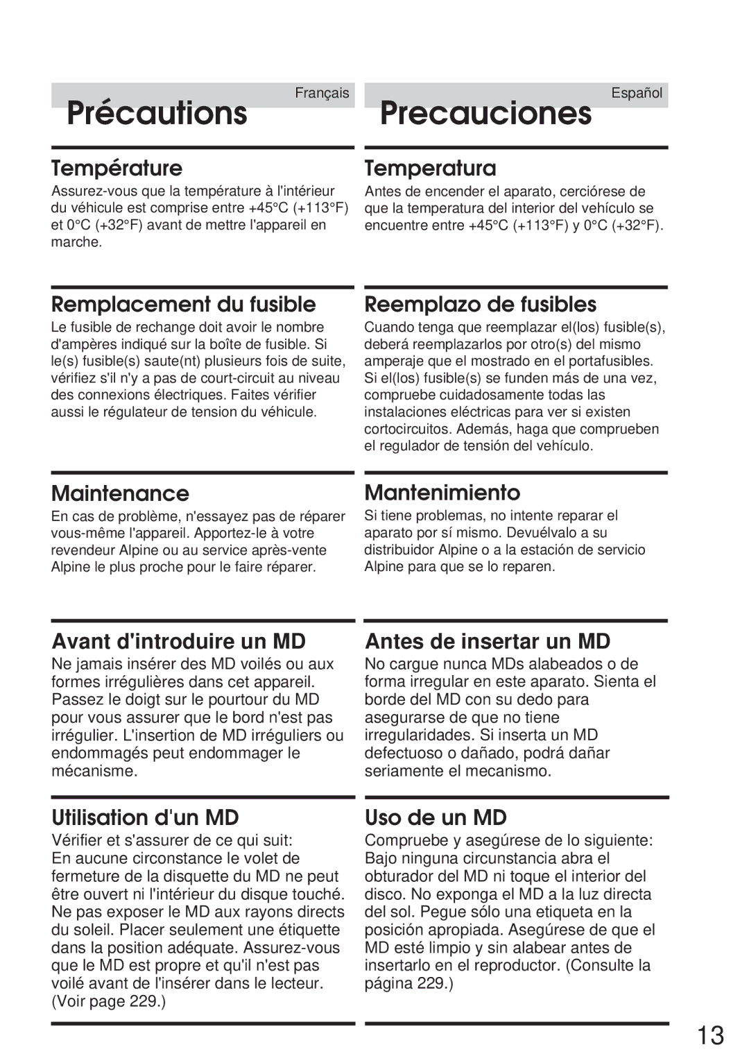 Alpine CVA-1005R, IVA-M700R owner manual Précautions Precauciones 