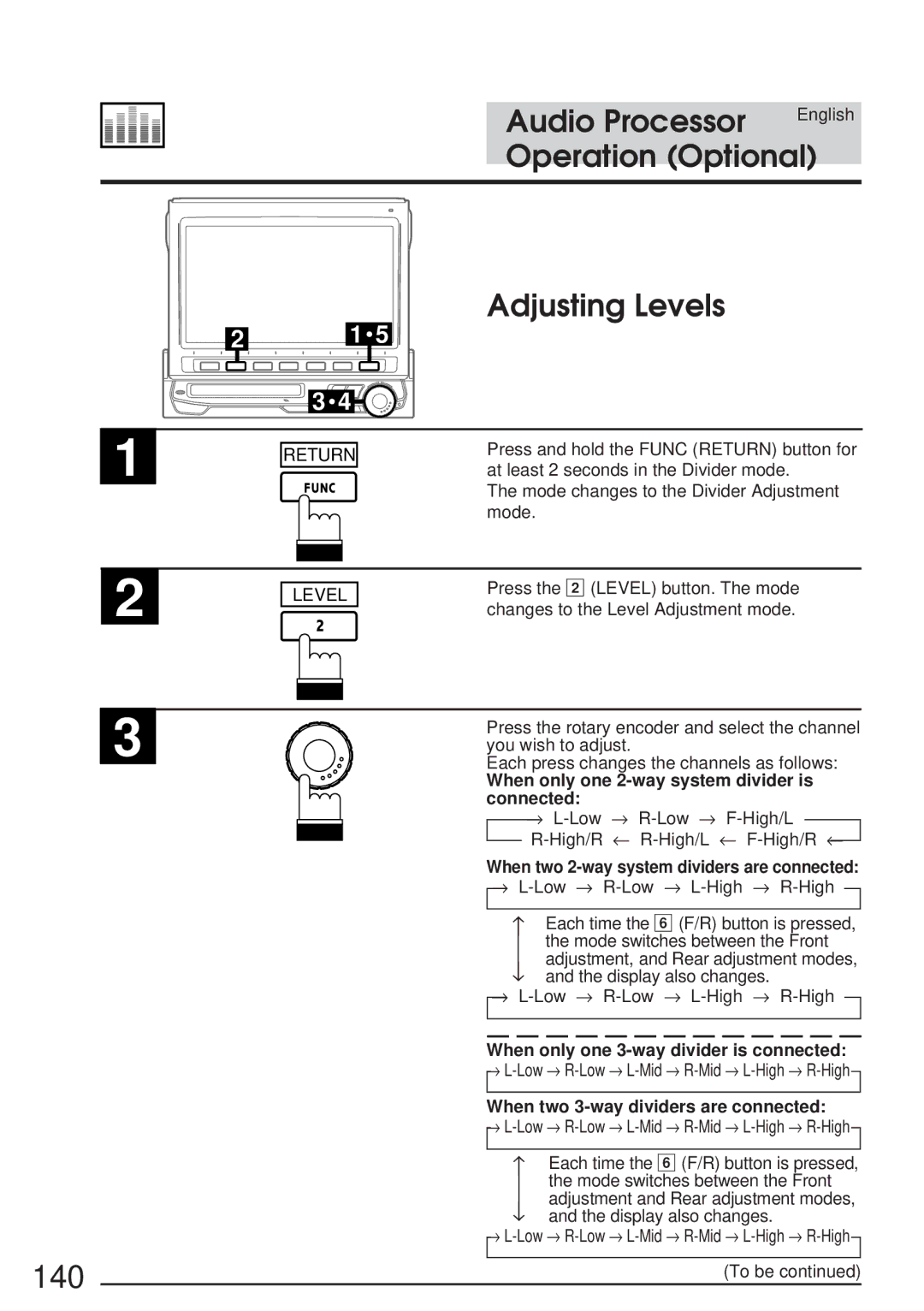 Alpine IVA-M700R, CVA-1005R owner manual 140, Adjusting Levels, When only one 2-way system divider is connected 