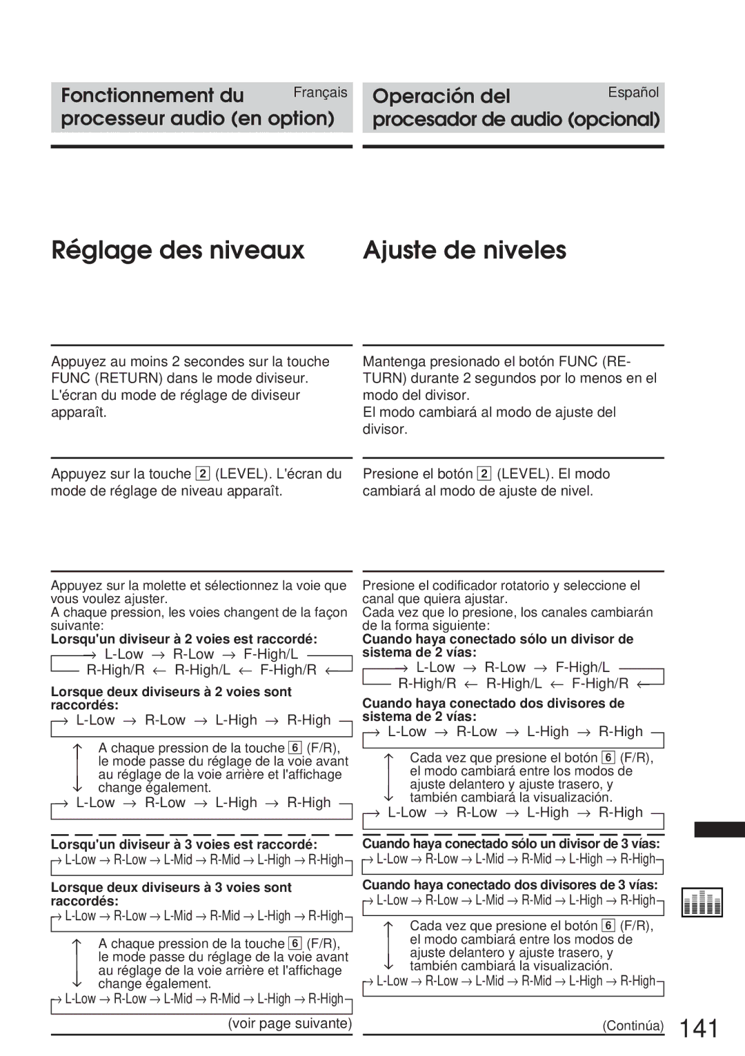 Alpine CVA-1005R, IVA-M700R Réglage des niveaux Ajuste de niveles, Lorsque deux diviseurs à 3 voies sont raccordés 