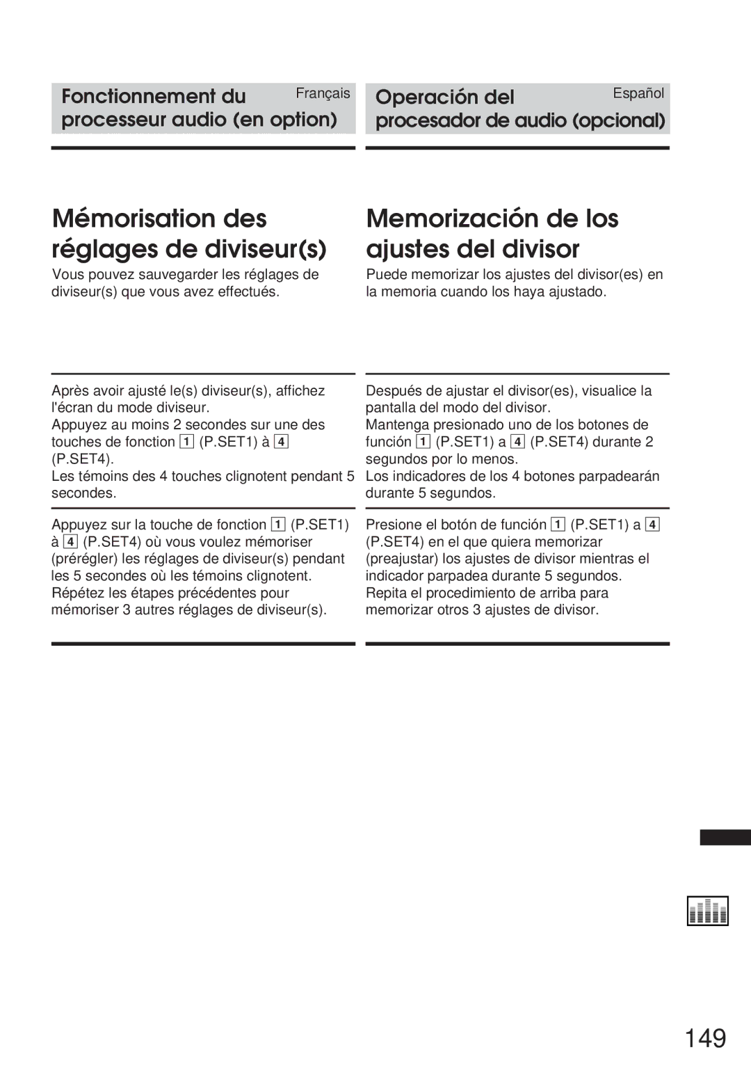 Alpine CVA-1005R, IVA-M700R 149, Mémorisation des réglages de diviseurs, Memorización de los ajustes del divisor 