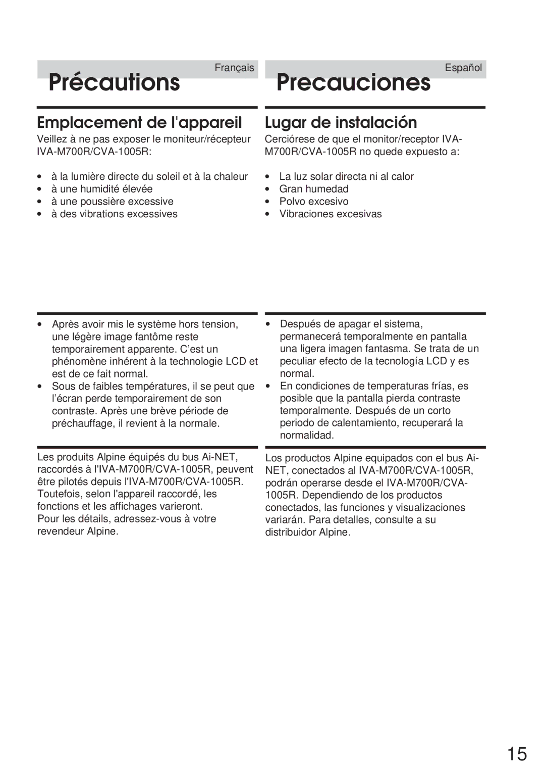 Alpine CVA-1005R, IVA-M700R owner manual Emplacement de lappareil 