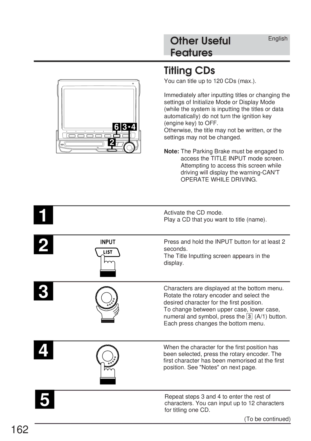 Alpine IVA-M700R, CVA-1005R owner manual 162, Other Useful, Features Titling CDs, Operate While Driving 