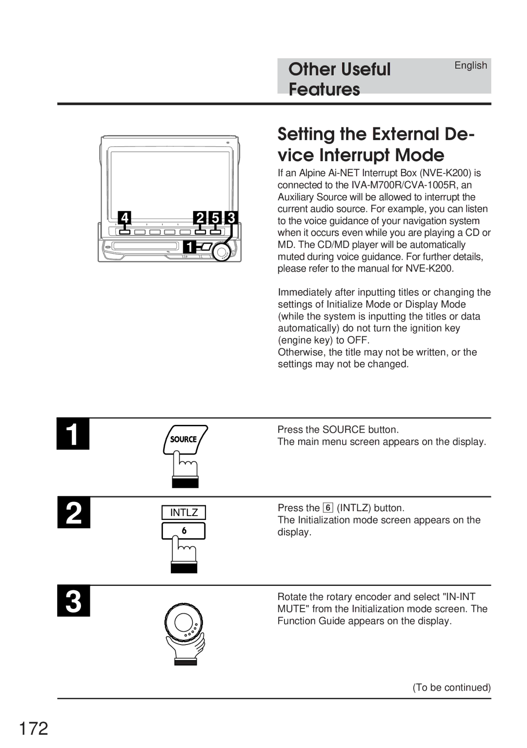 Alpine IVA-M700R, CVA-1005R owner manual 172, Setting the External De- vice Interrupt Mode 