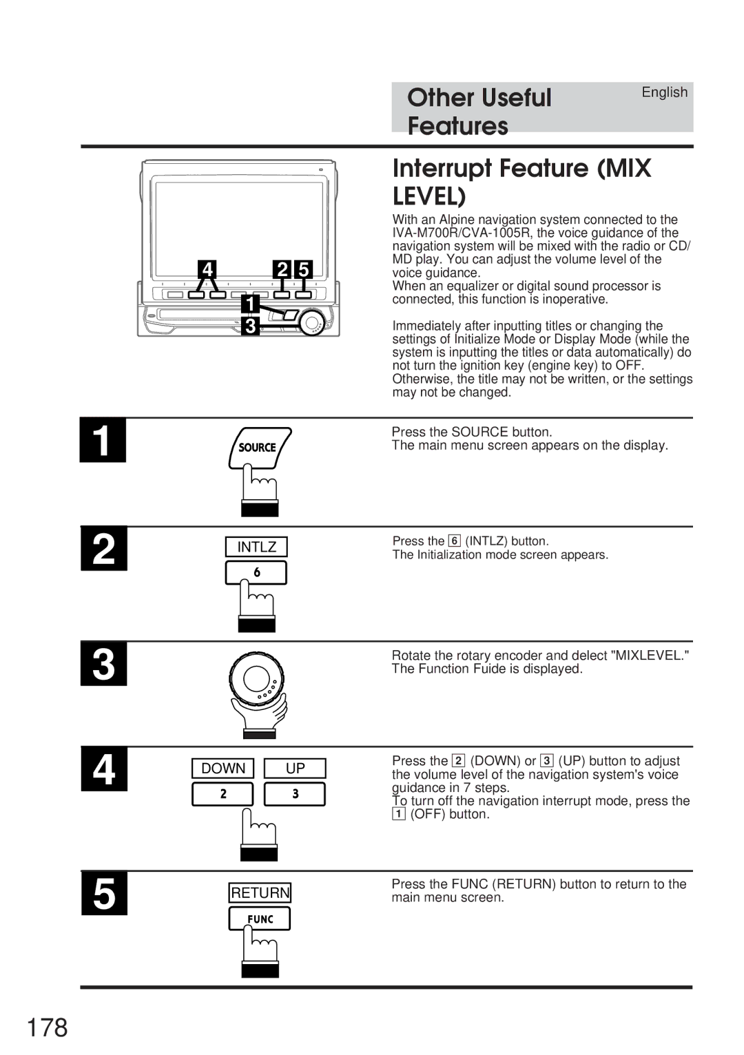 Alpine IVA-M700R, CVA-1005R owner manual 178, Features Interrupt Feature MIX 