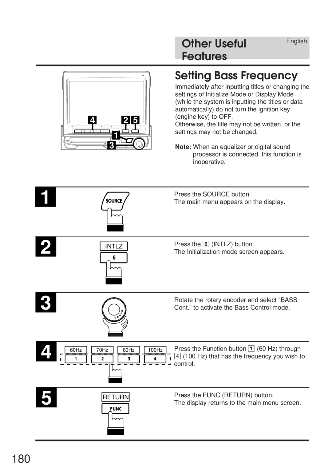 Alpine IVA-M700R, CVA-1005R owner manual 180, Features Setting Bass Frequency 