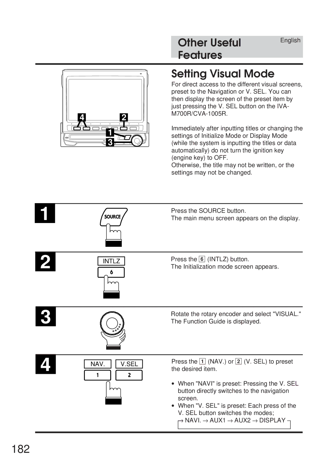 Alpine IVA-M700R, CVA-1005R owner manual 182, Features Setting Visual Mode, Nav Sel, → NAVI. → AUX1 → AUX2 → Display 