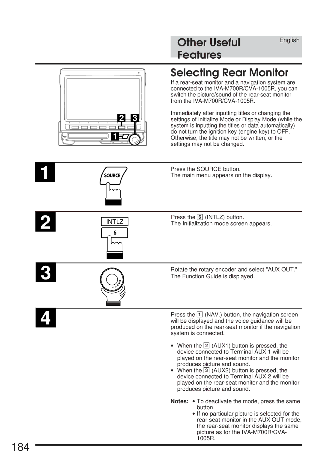 Alpine IVA-M700R, CVA-1005R owner manual 184, Features Selecting Rear Monitor 