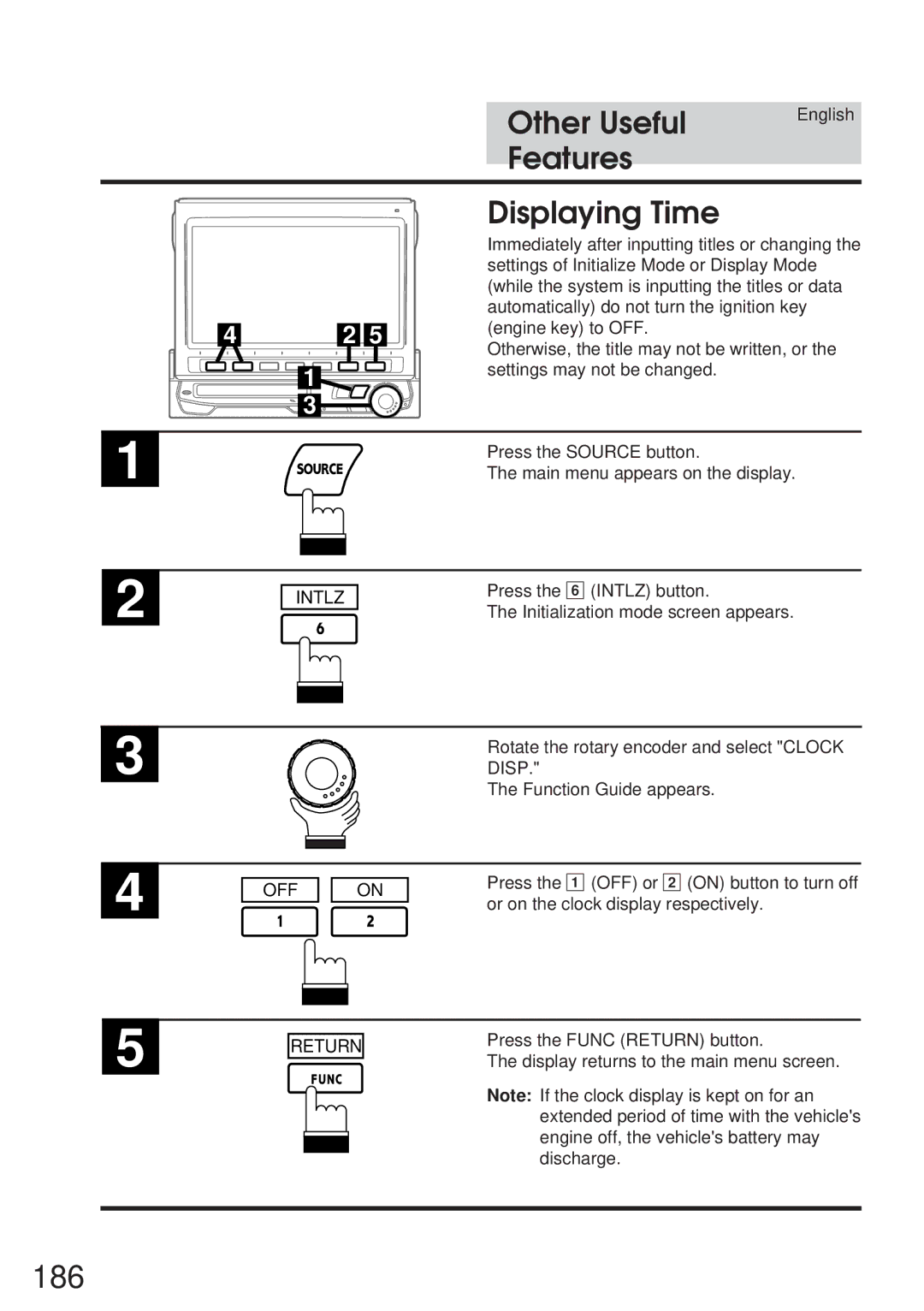 Alpine IVA-M700R, CVA-1005R owner manual 186, Features Displaying Time 