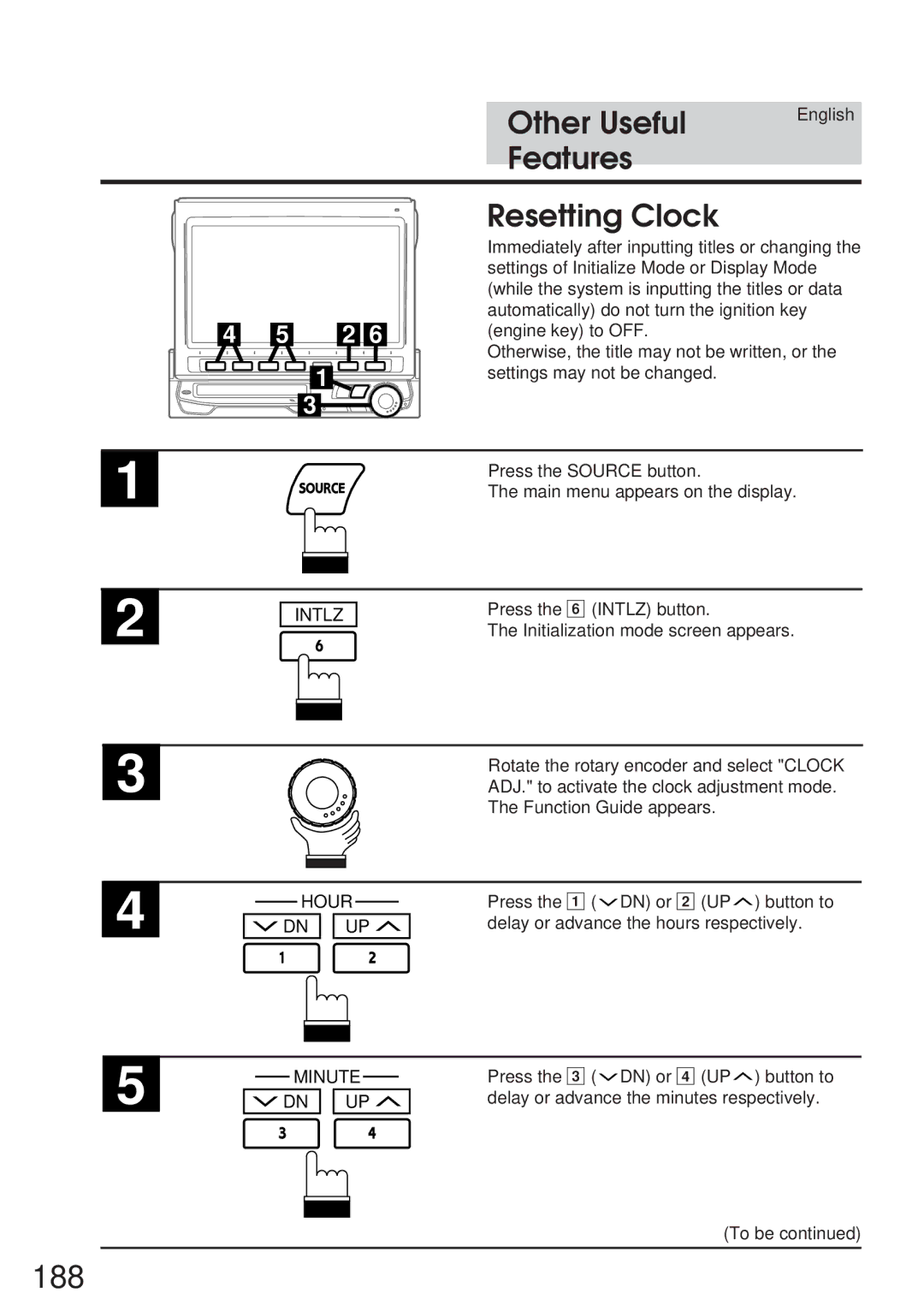 Alpine IVA-M700R, CVA-1005R owner manual 188, Features Resetting Clock, Hour, Minute 