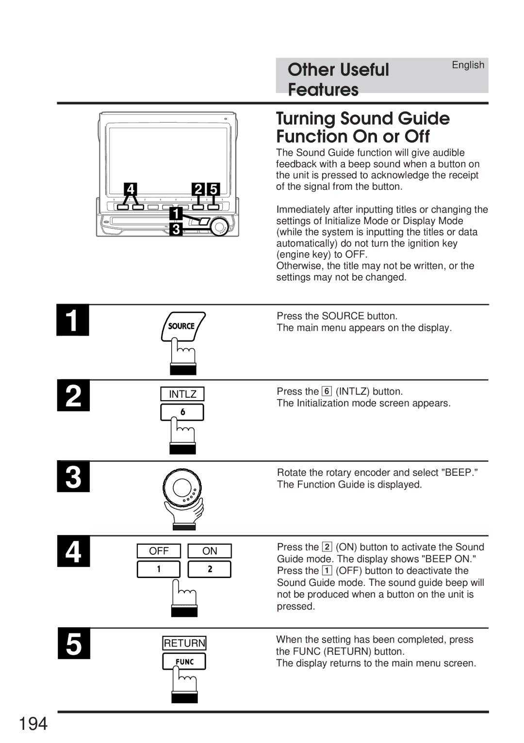 Alpine IVA-M700R, CVA-1005R owner manual 194, Features Turning Sound Guide Function On or Off 