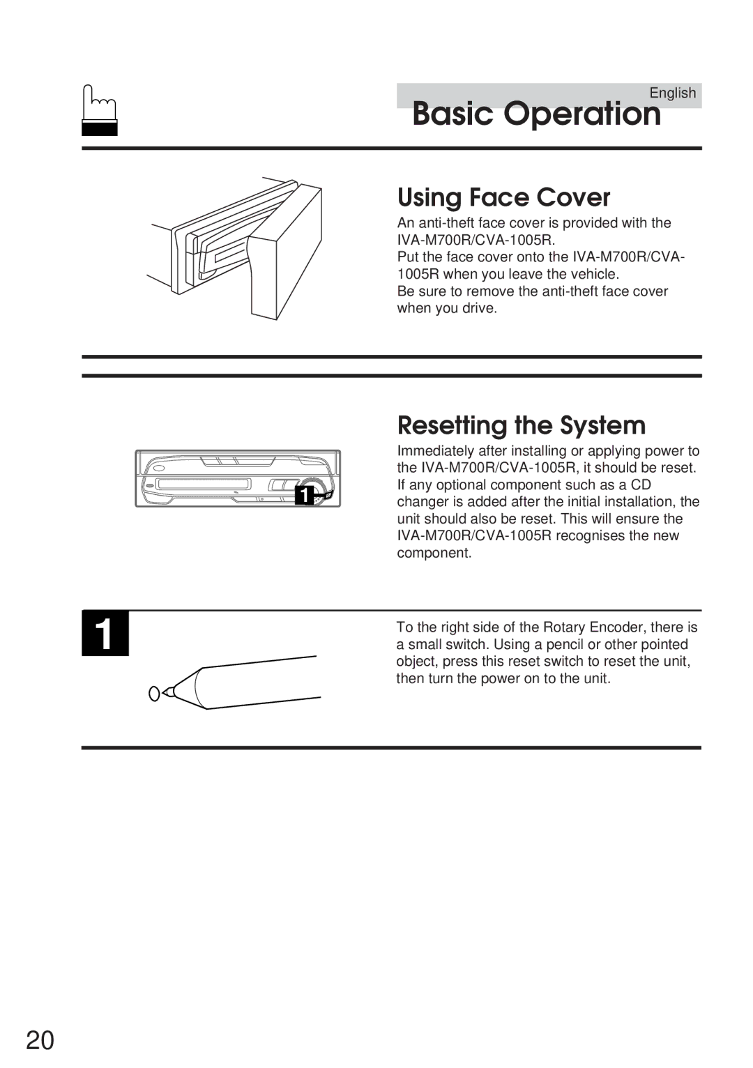 Alpine IVA-M700R, CVA-1005R owner manual Using Face Cover, Resetting the System 